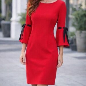 Calvin Klein Red Date Night Valentines Cocktail Dress Bell Sleeves w bows Size 4